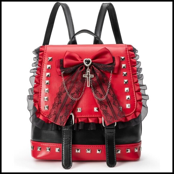 Gothic Mini Backpack Studded Lace Bow Cross Charm Adjustable Straps Faux Leather main image 7